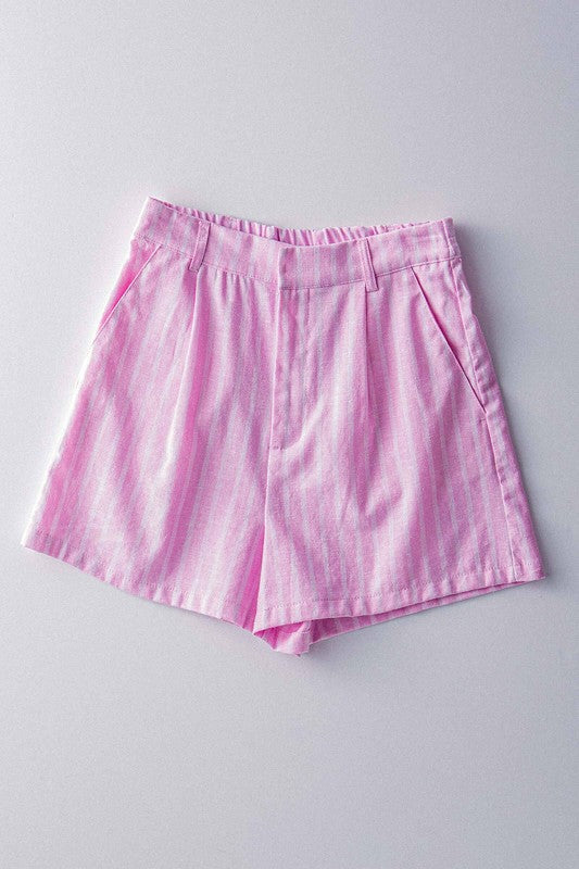 Coastal Pink Linen Striped Shorts