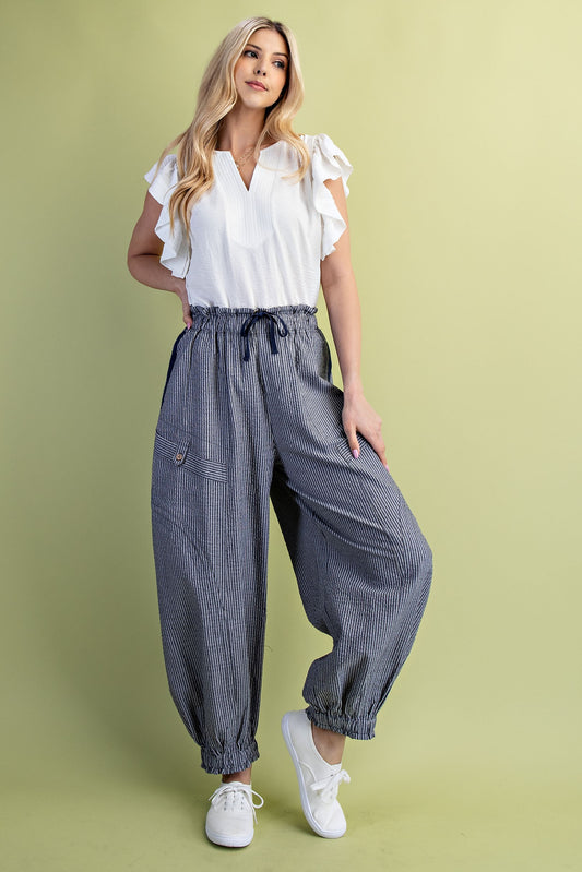 Navy Striped Gathered Ankle Parachute Pants