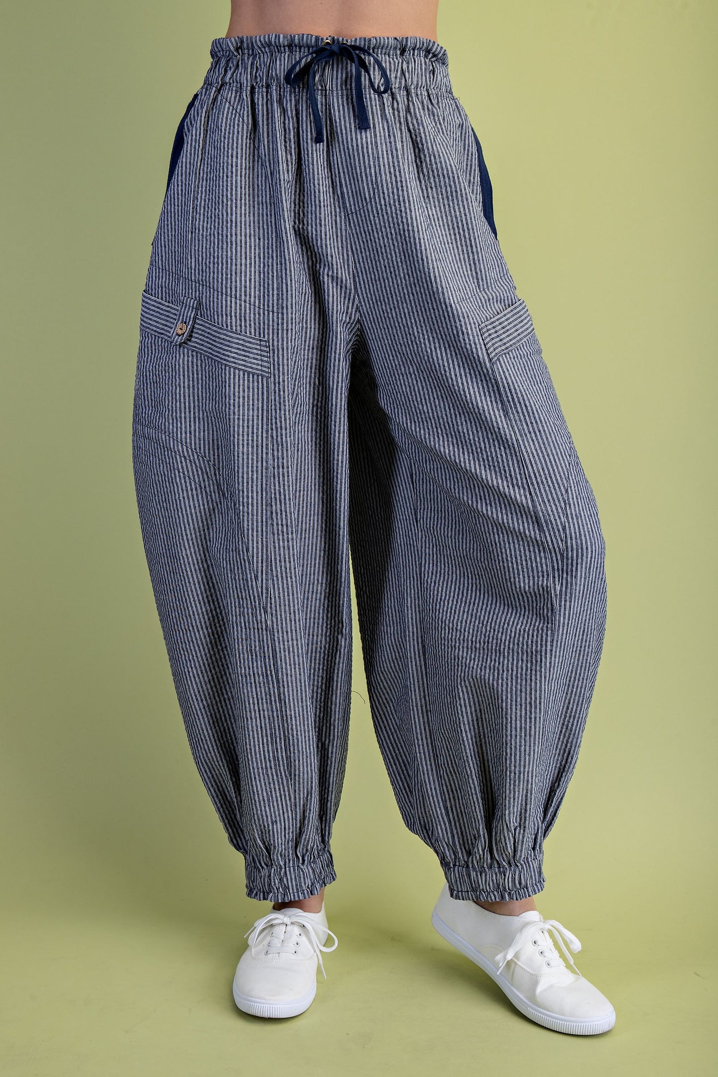 Navy Striped Gathered Ankle Parachute Pants