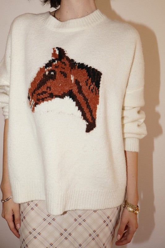 Cream Horse Graphic Knit Sweater