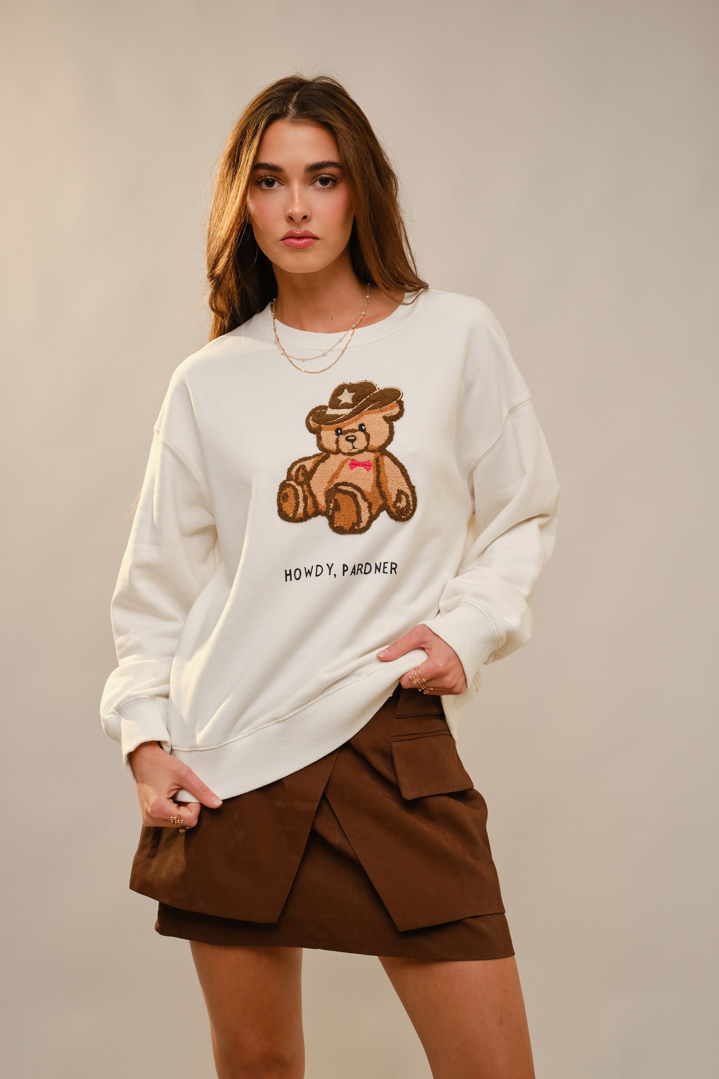 Off White Chenille Western Teddy Sweatshirt
