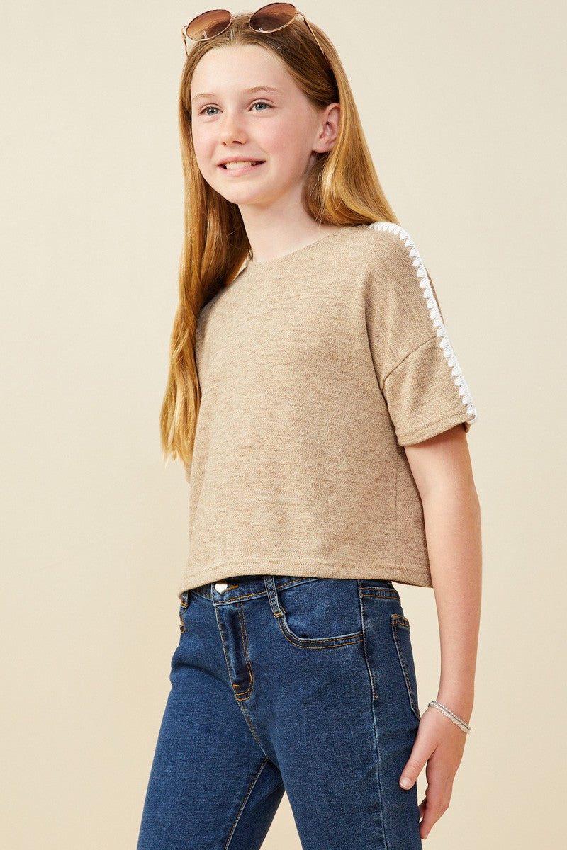 Girls Contrast Stitch Drop Shoulder Knit Top