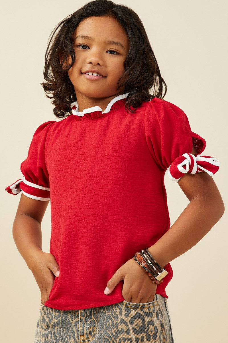 Girls Red Contrast Piped Tie Sleeve Top