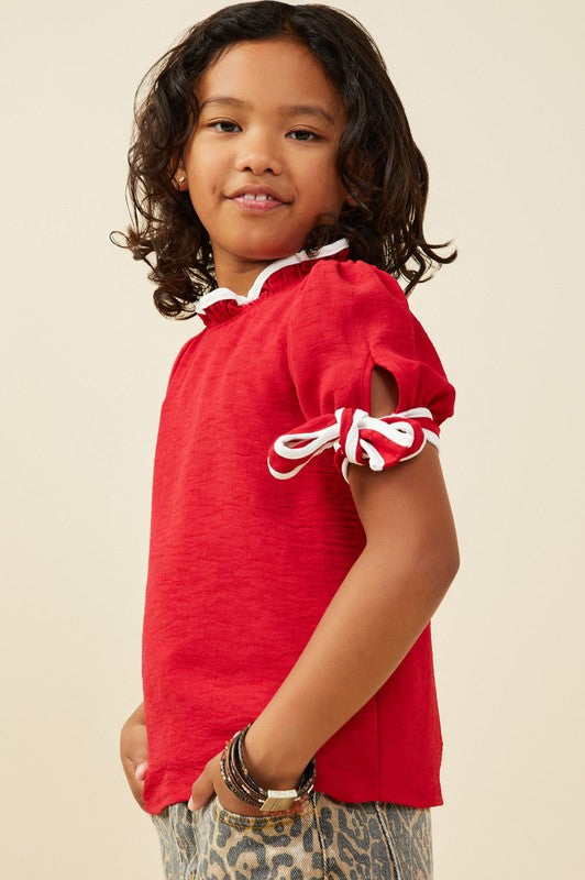 Girls Red Contrast Piped Tie Sleeve Top