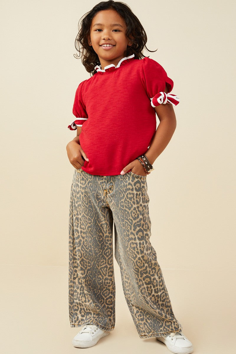 Girls Red Contrast Piped Tie Sleeve Top