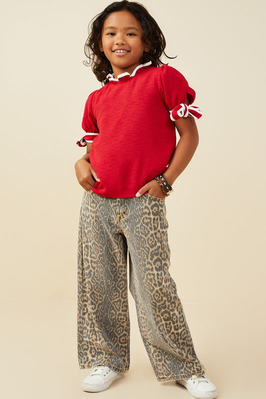 Girls Red Contrast Piped Tie Sleeve Top