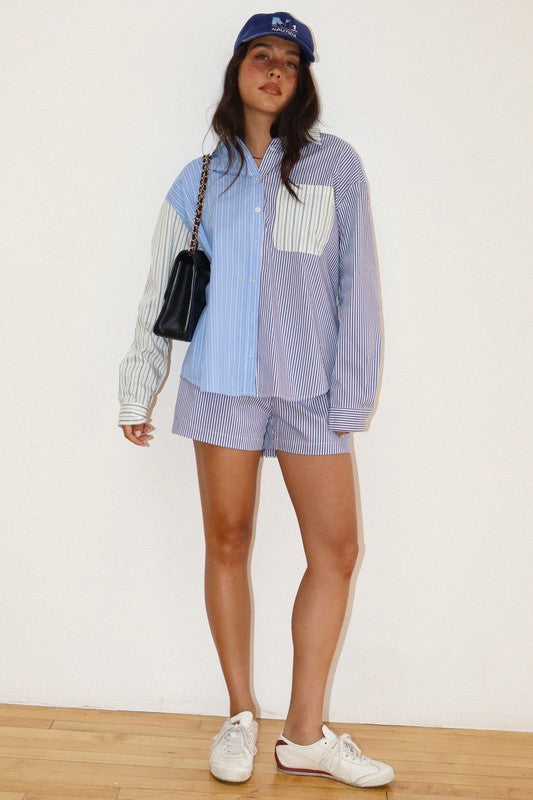 Blue Mixed Striped Patch Pocket Shirt
