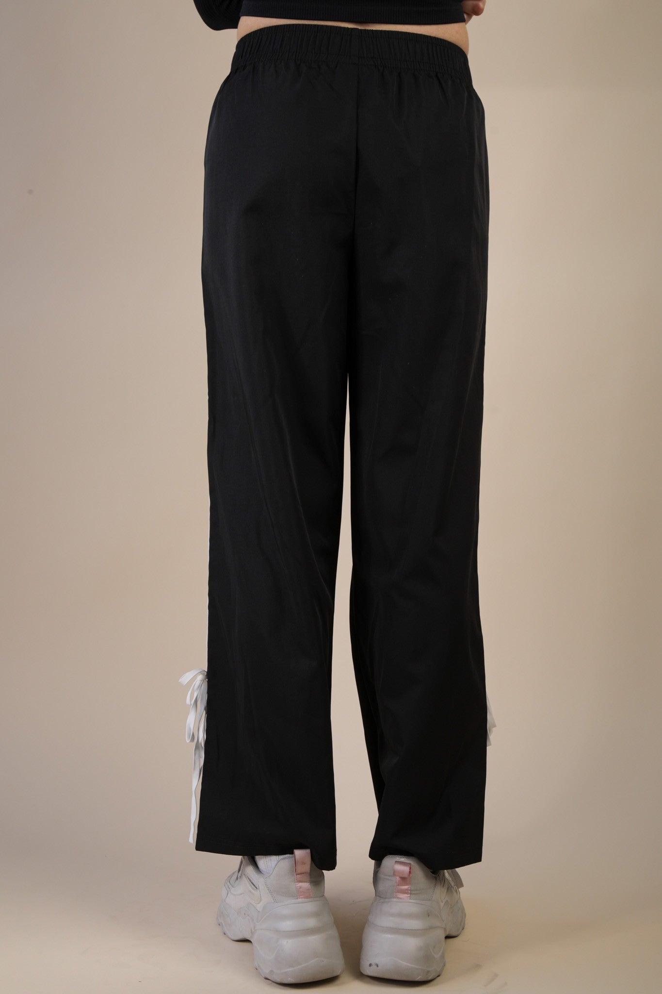 Side Ribbon Detail Black Jersey Pant