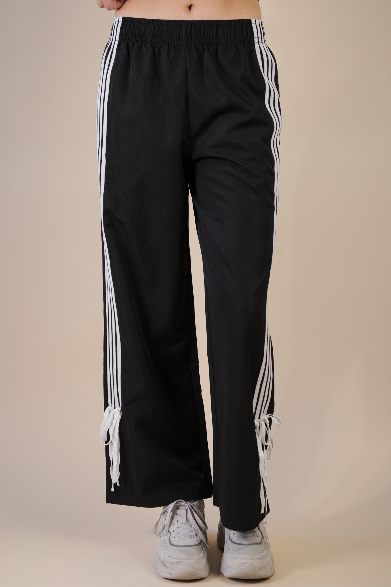 Side Ribbon Detail Black Jersey Pant