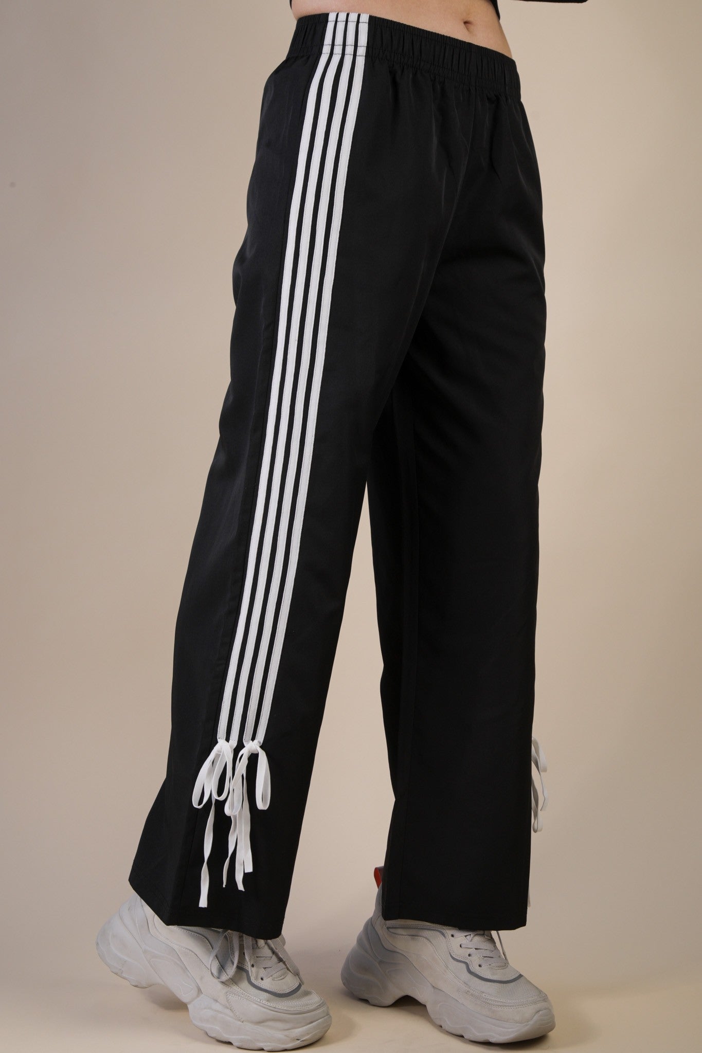 Side Ribbon Detail Black Jersey Pant