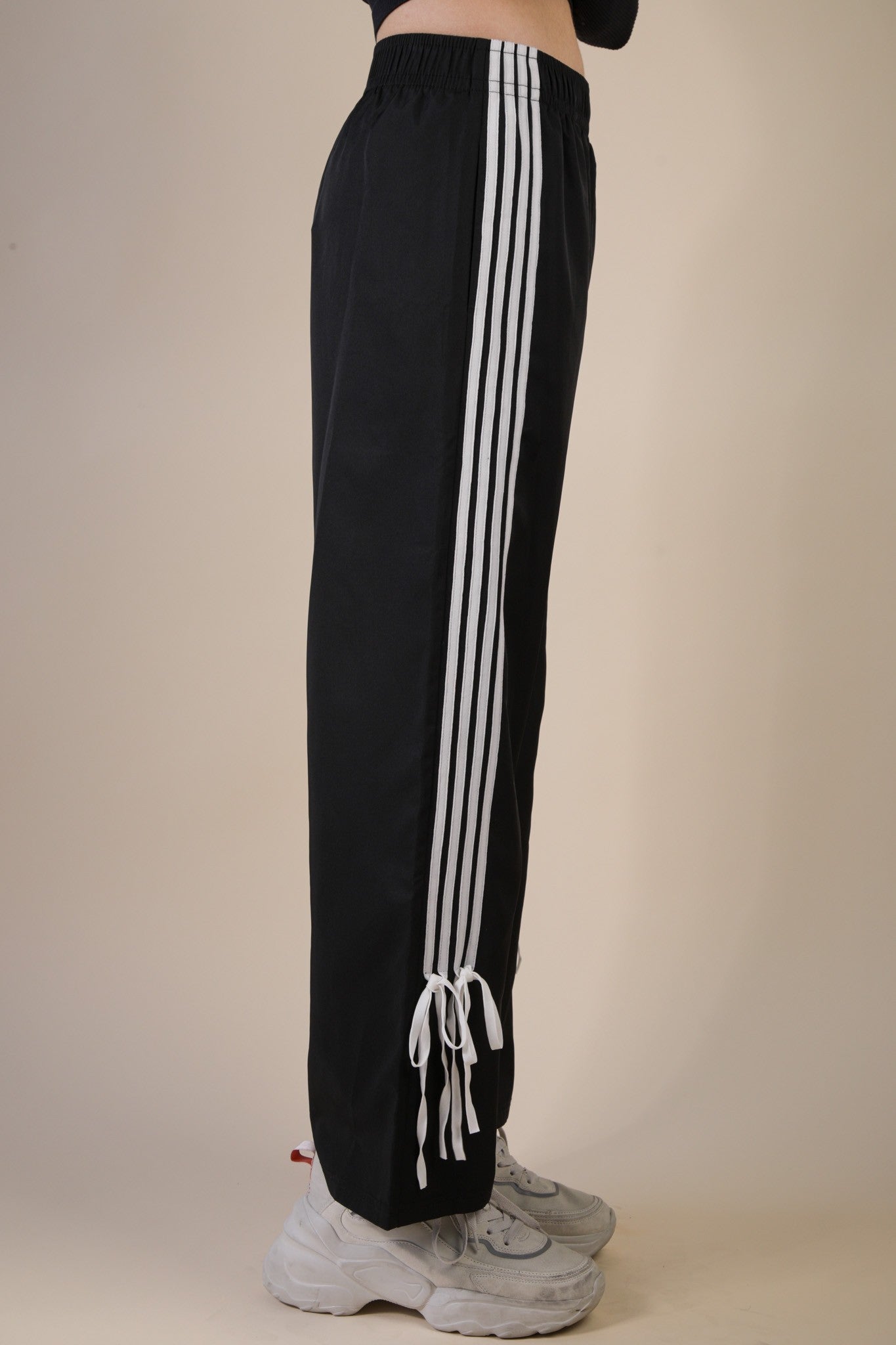 Side Ribbon Detail Black Jersey Pant