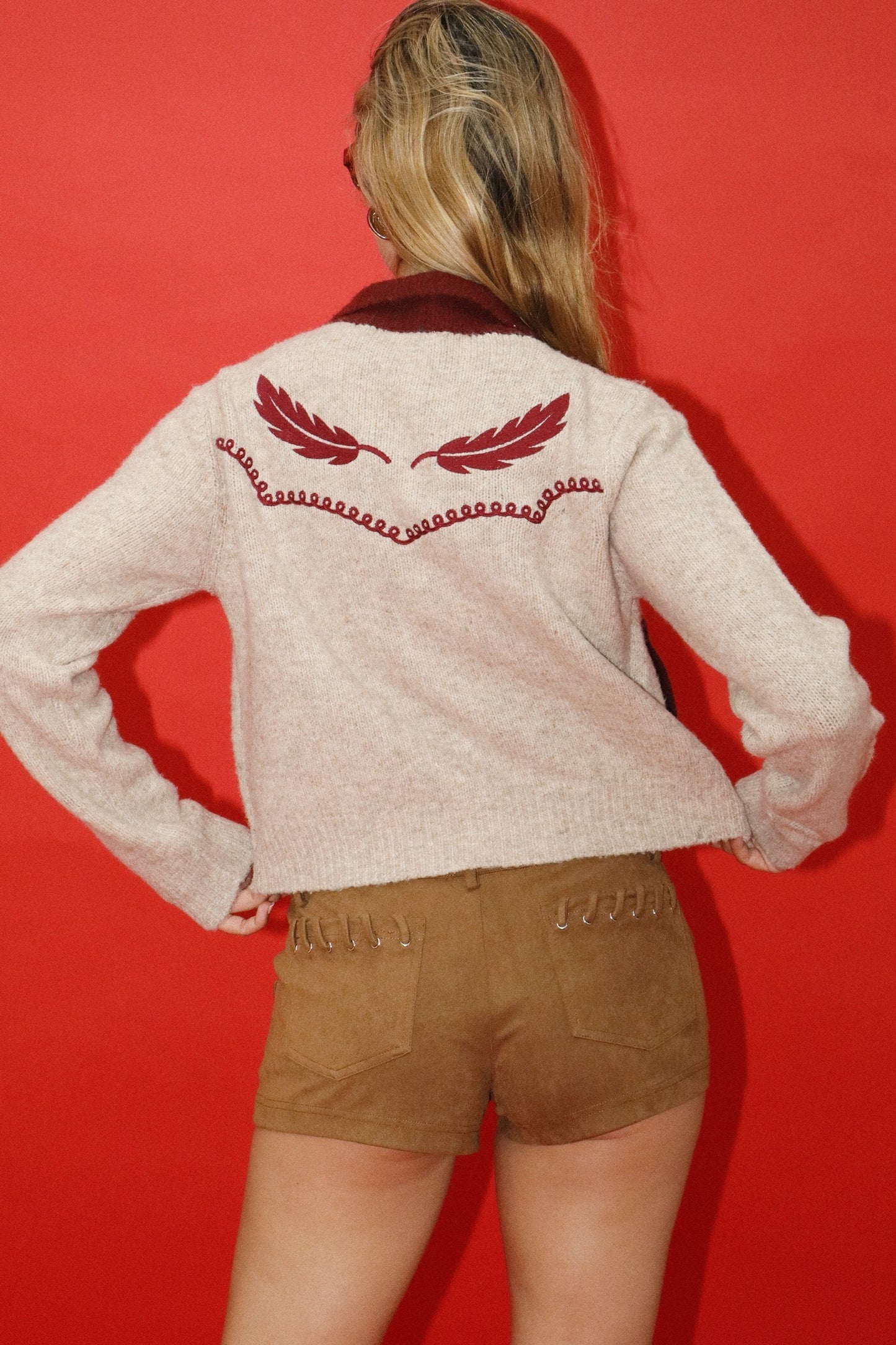 Feather Embroidered Cardigan- Oatmeal