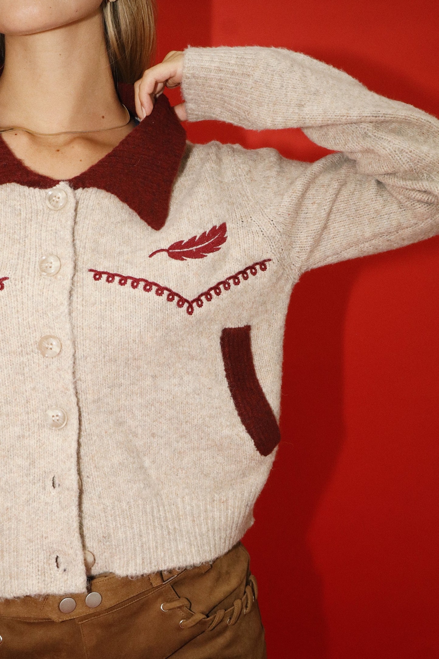 Feather Embroidered Cardigan- Oatmeal