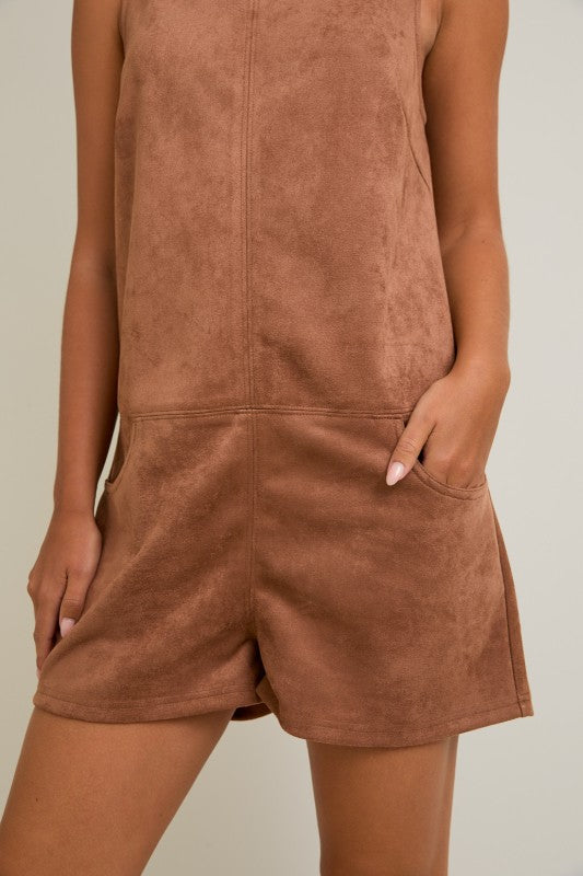 Boat Neck Faux Suede Shorts Romper