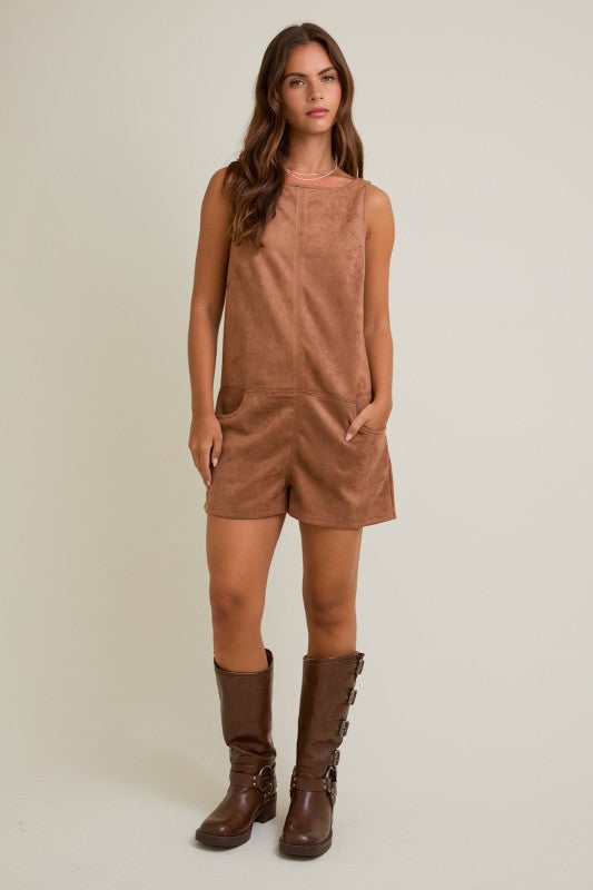 Boat Neck Faux Suede Shorts Romper
