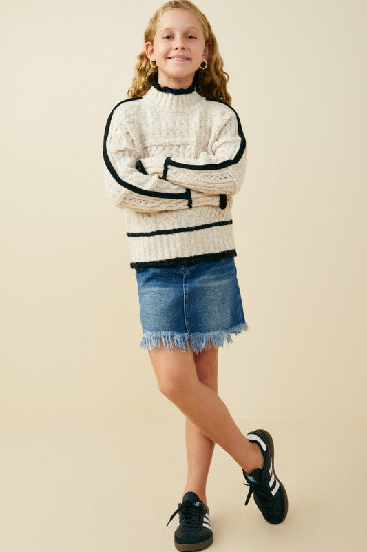 Girls Contrast Piped Mixed Cable Knit Sweater Top