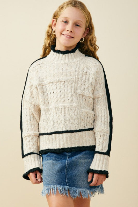 Girls Contrast Piped Mixed Cable Knit Sweater Top