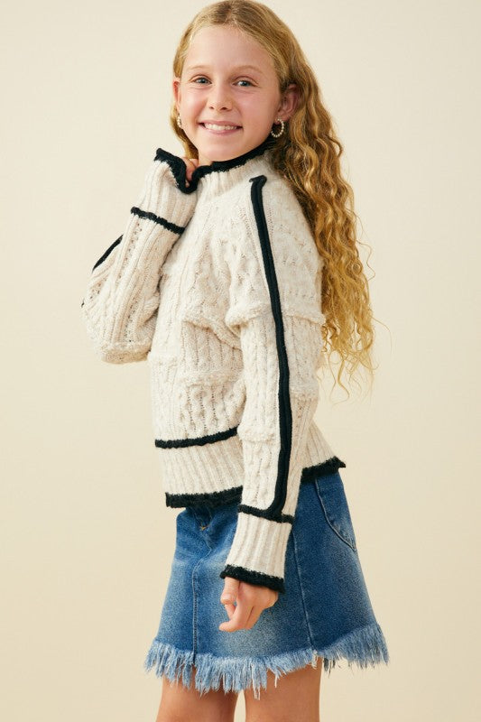 Girls Contrast Piped Mixed Cable Knit Sweater Top