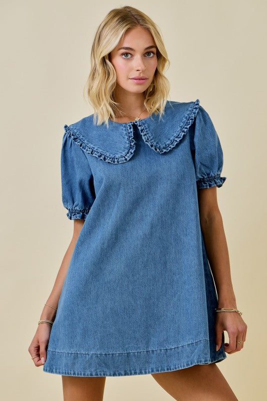 Denim Mini Dress with Oversized Collar