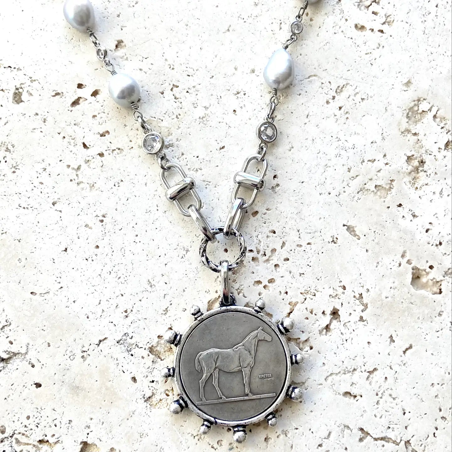Horse Coin & Silver Pearl Shackle Necklace