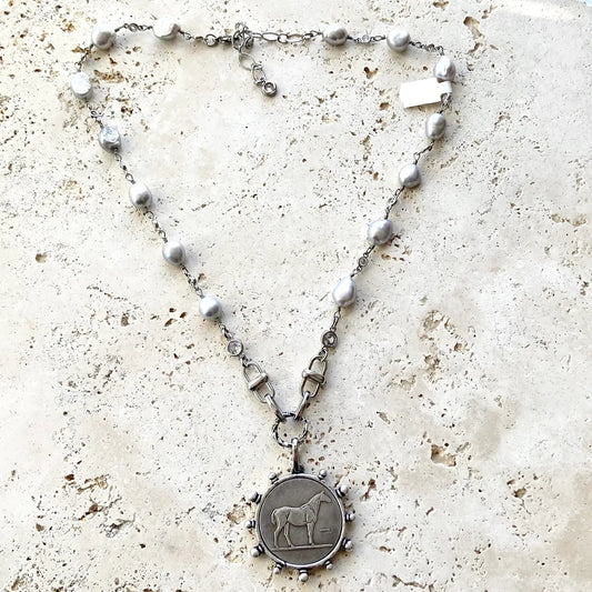 Horse Coin & Silver Pearl Shackle Necklace
