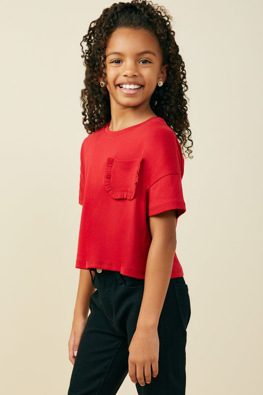 Girls Red Ruffle Pocket Knit Top