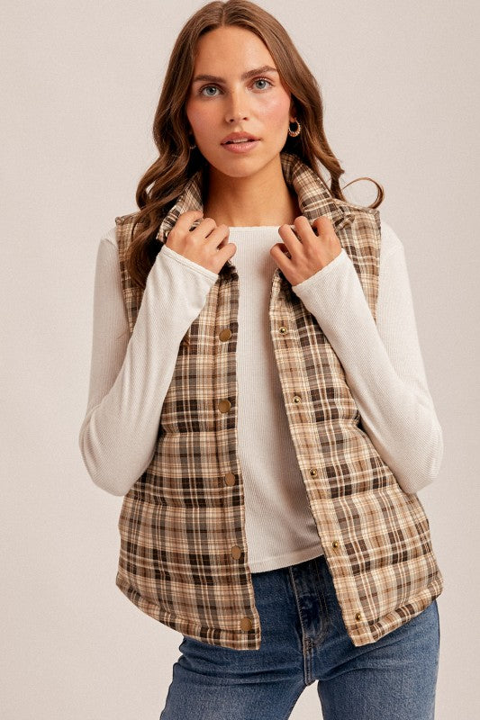 Plaid Puff Snap Button Down Vest