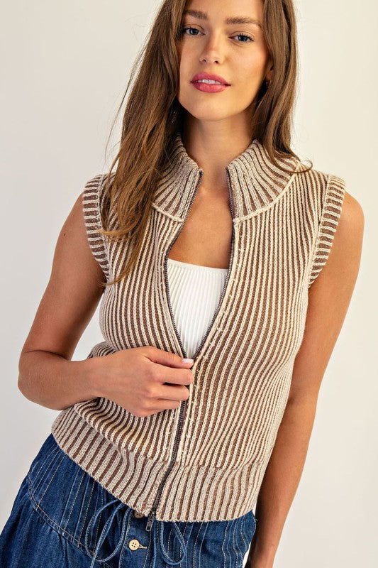 Two Tone Ribbed Zip Up Sweater Vest