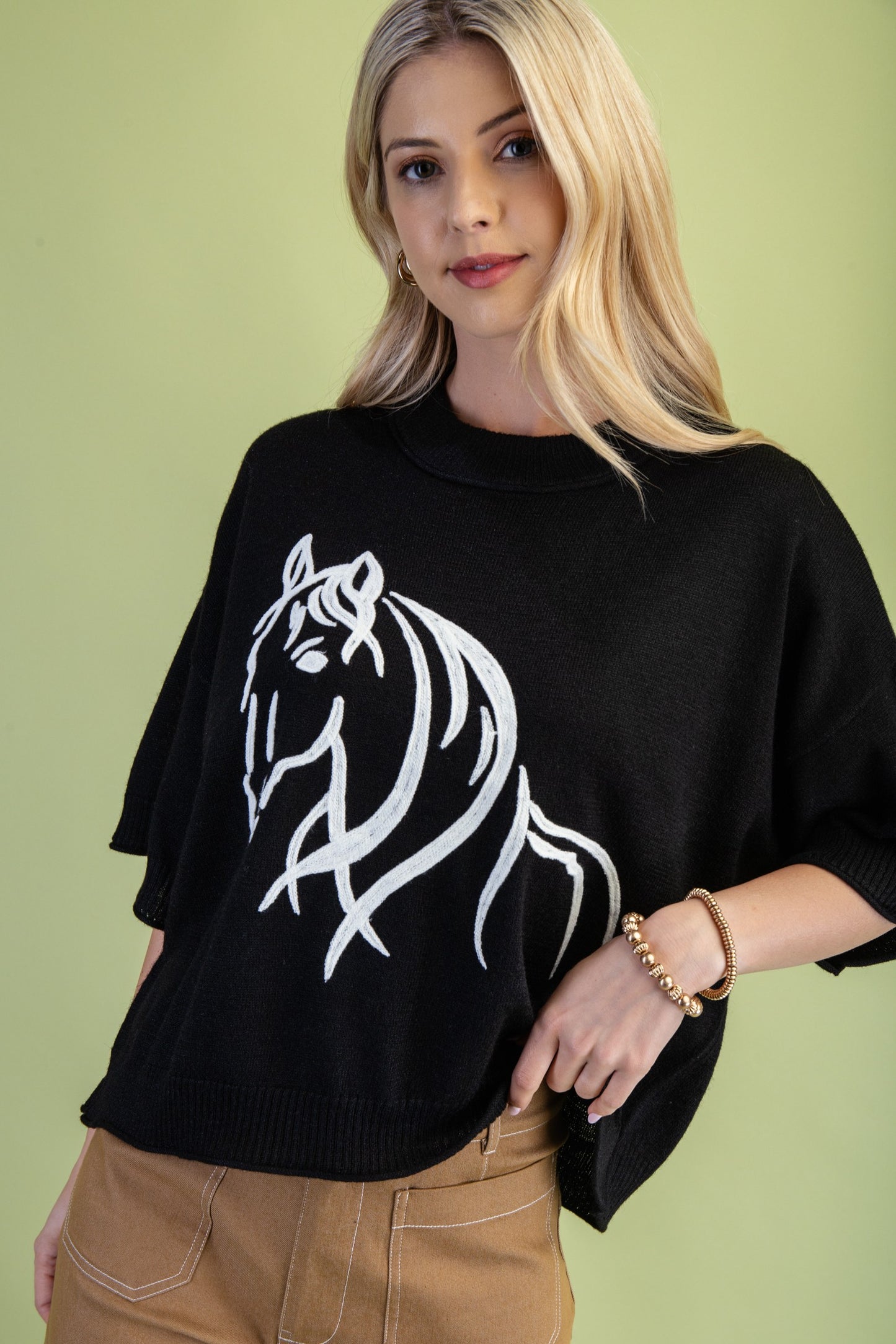Horse Motif Black Sweater
