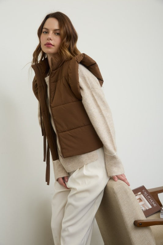 Brown Flutter Sleeve Bow Puffer Vest