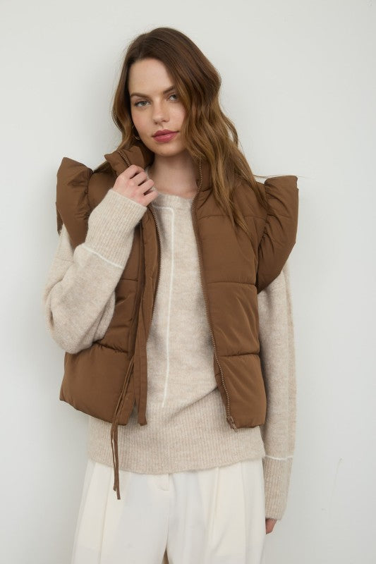 Brown Flutter Sleeve Bow Puffer Vest