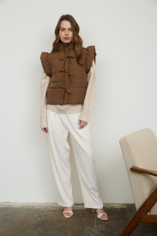 Brown Flutter Sleeve Bow Puffer Vest