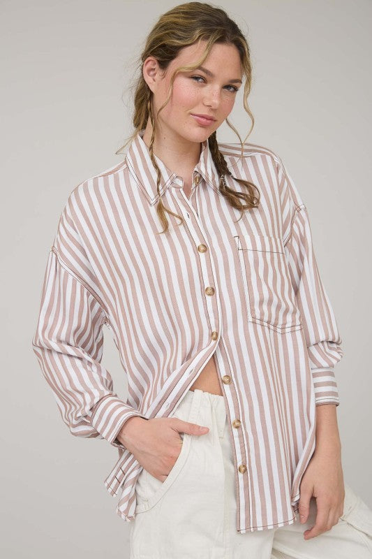 Brown Striped Collared Button Up Top