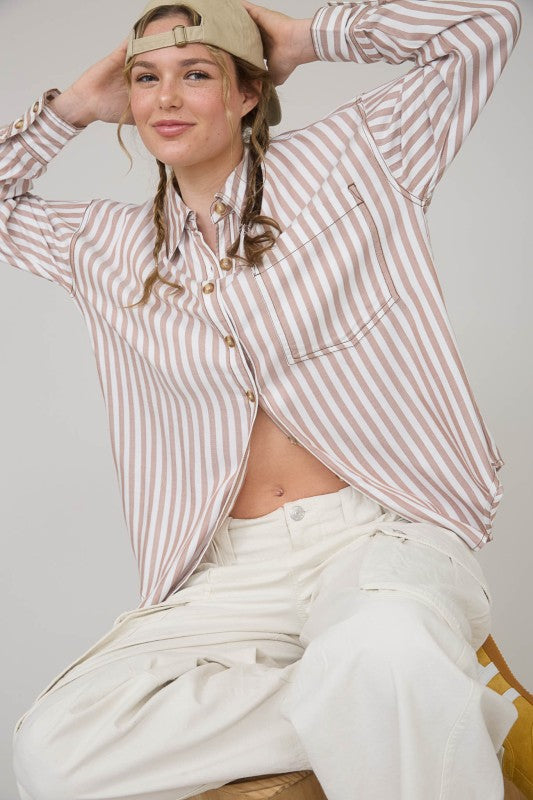 Brown Striped Collared Button Up Top
