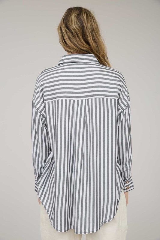 Black Striped Collared Button Up Top