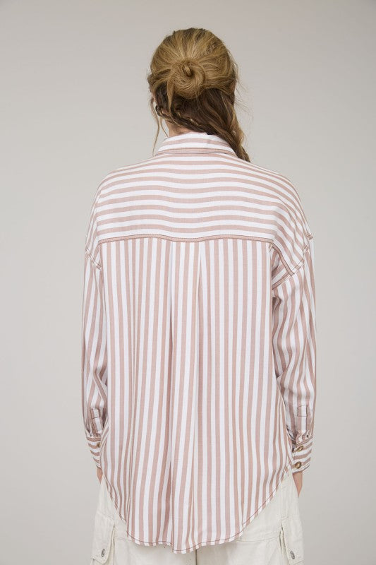 Brown Striped Collared Button Up Top