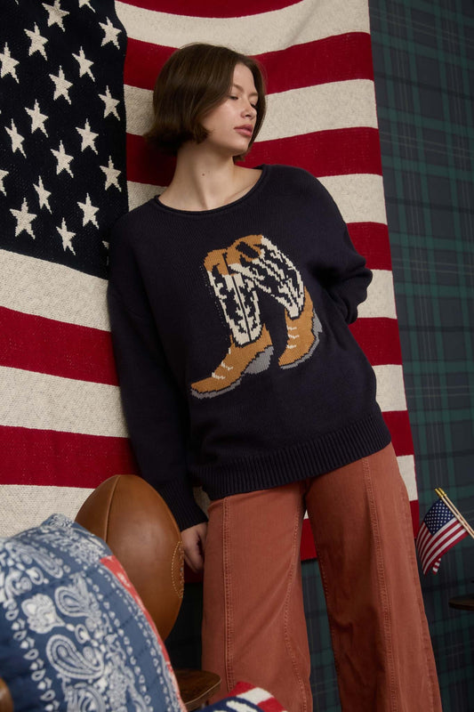 Navy Western Boot Jacquard Knit Sweater