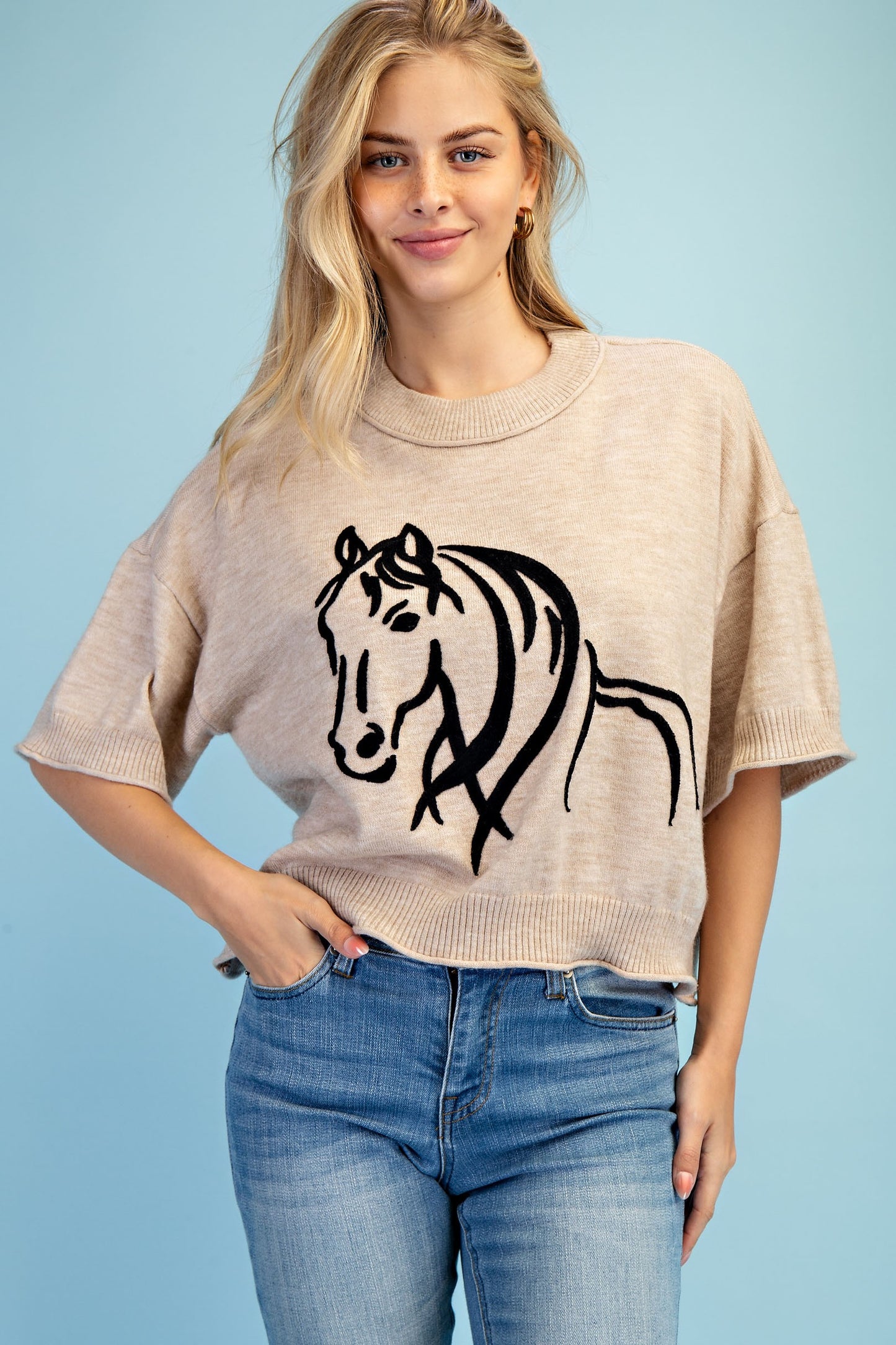 Horse Motif Oatmeal Sweater
