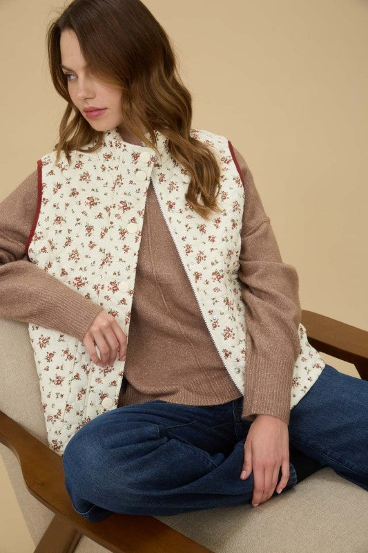 Floral Quilted Zip Up Puffer Vest