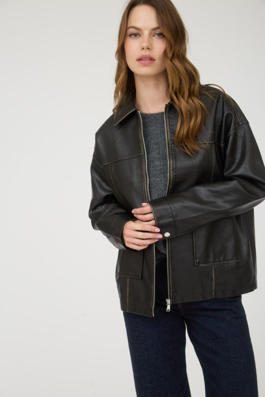 Black Washed Faux Leather Collared Zip-up Jacket
