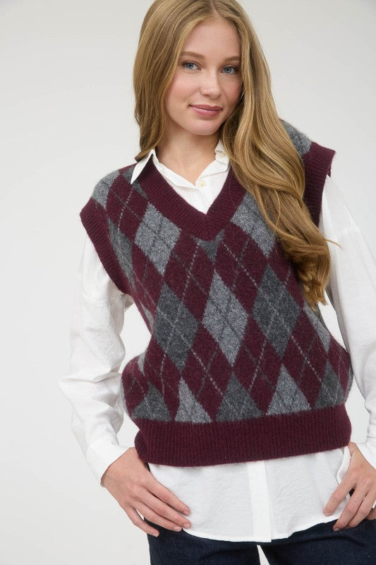 Oxblood Argyle Sweater Vest