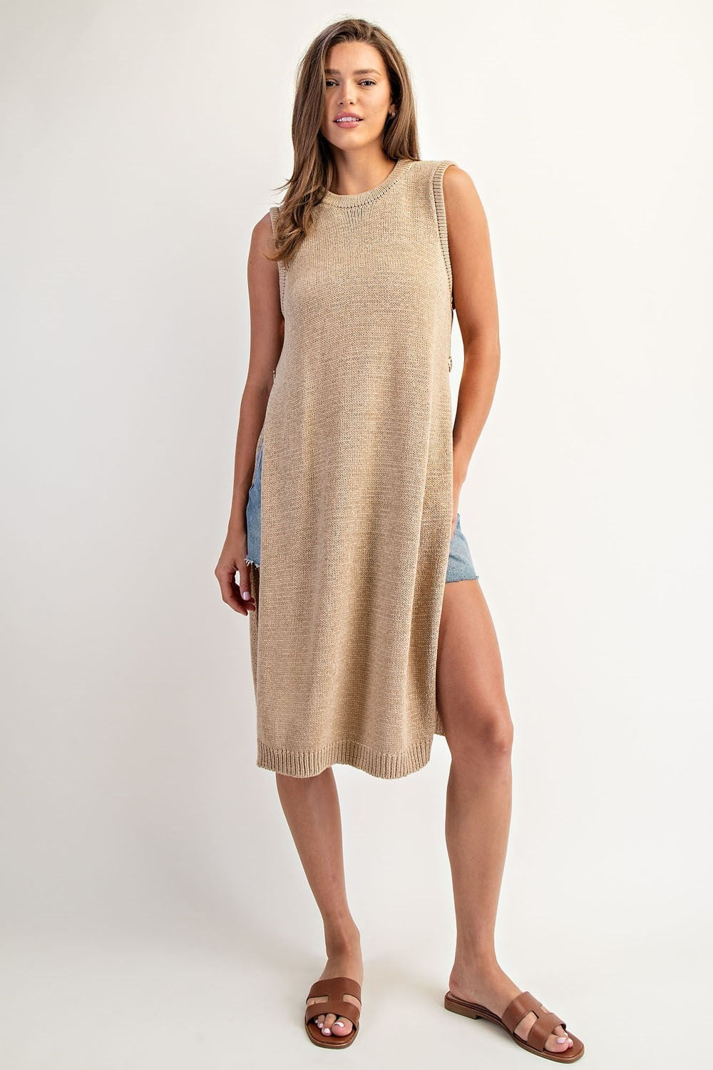 Oat Latte Open Side Slit Longline Sweater