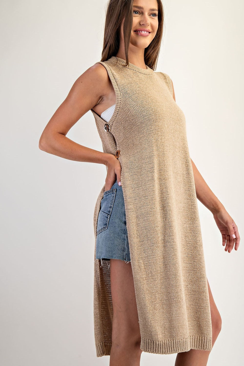 Oat Latte Open Side Slit Longline Sweater