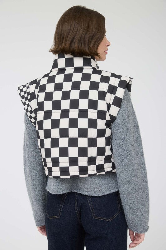 Black Checkered Crop Puffer Vest