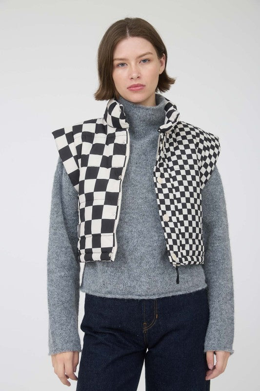 Black Checkered Crop Puffer Vest