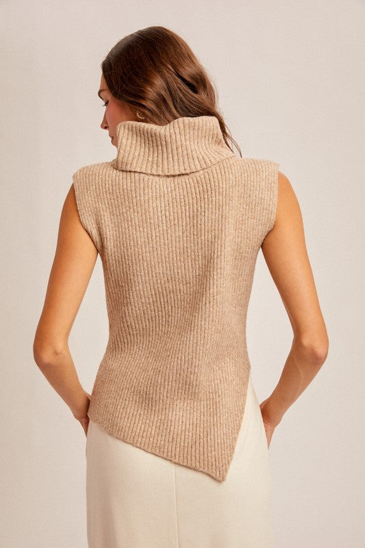 Mocha High Neck Asymmetrical Sweater Vest