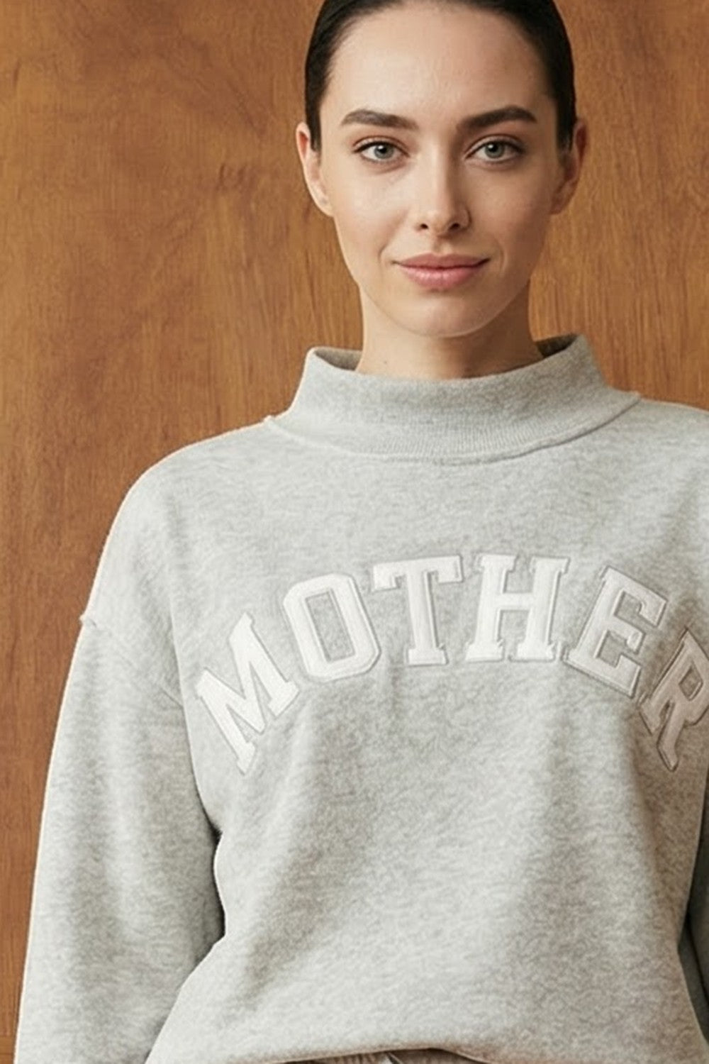 Mother Embroidered Mock Neck Grey Sweatshirt