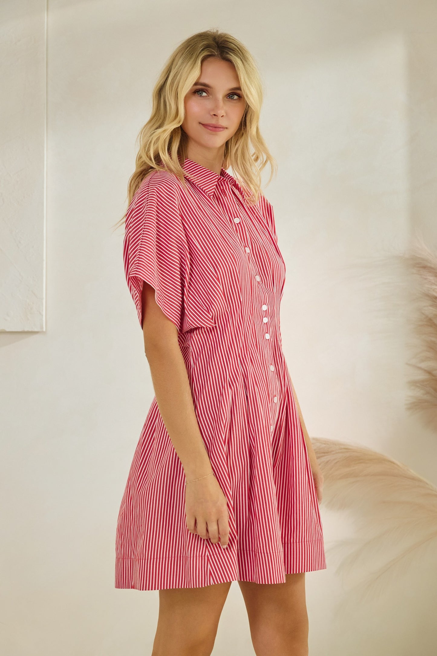 Red Stripe Pleated Button Down Shirt Dress