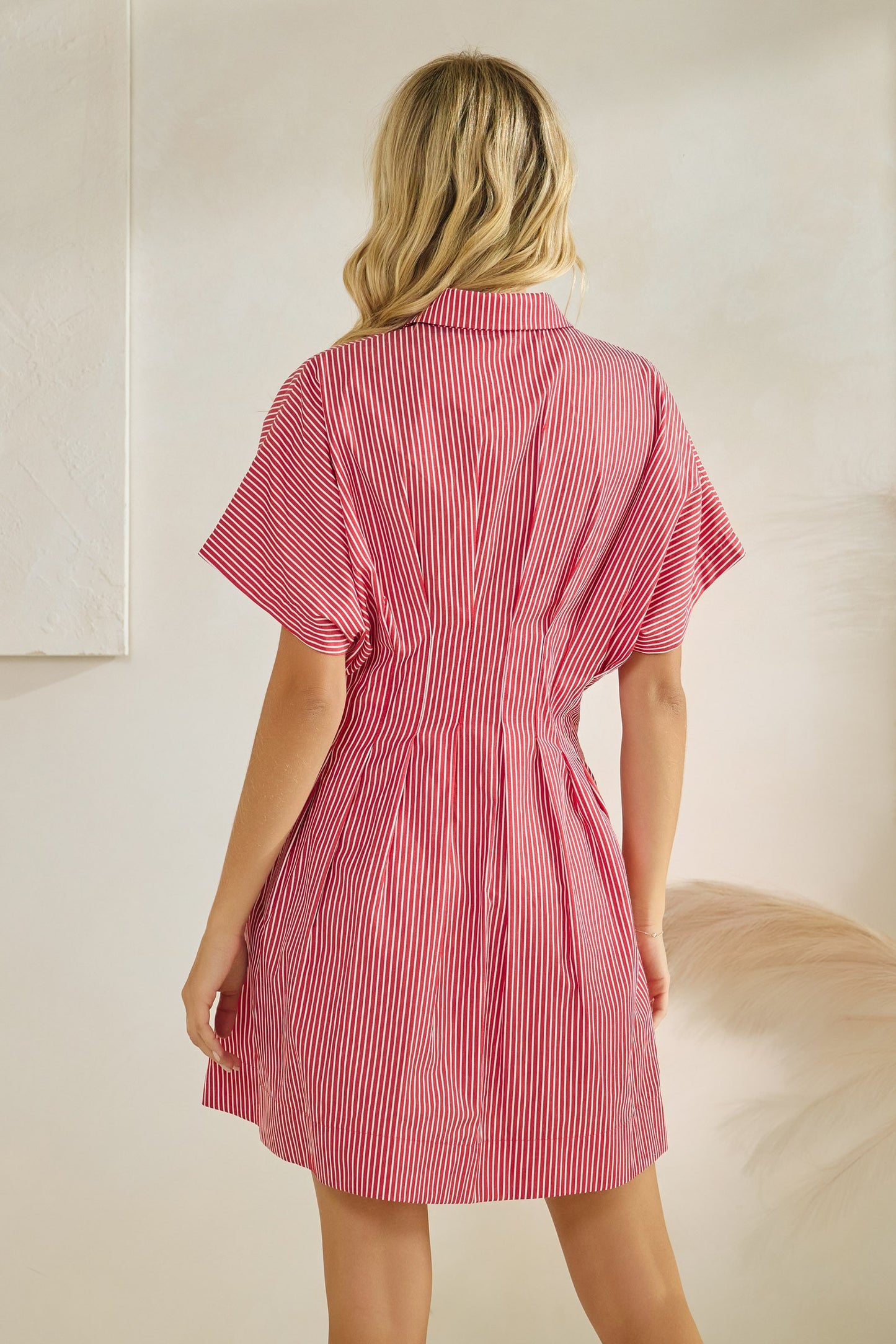 Red Stripe Pleated Button Down Shirt Dress