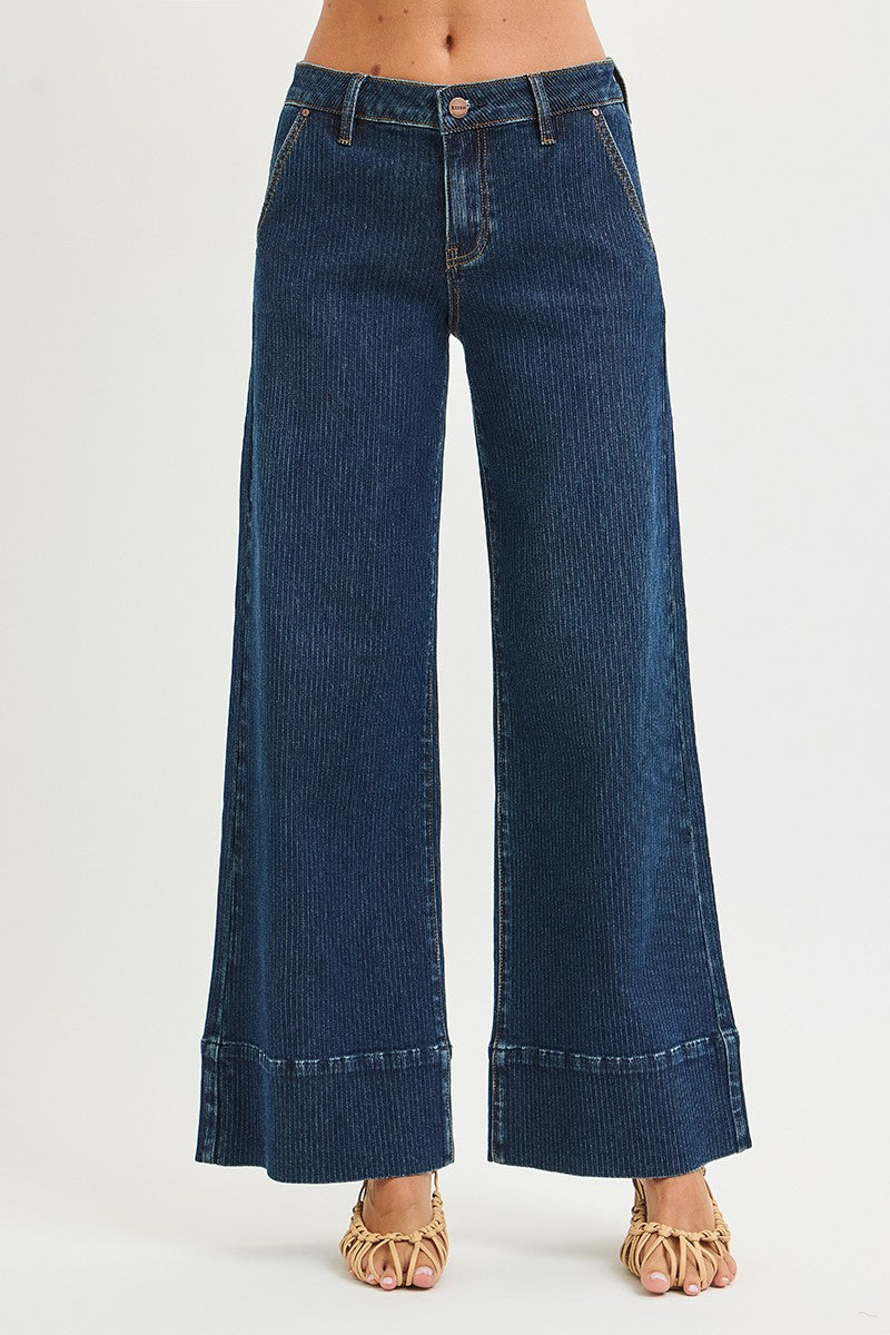 Risen Mid Rise Wide Leg Wide Hem Jeans